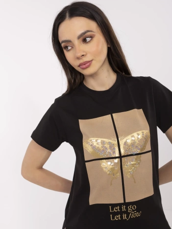Czarny damski t-shirt z aplikacją 