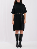 Black knit dress with decorative buttons on the sleeves.