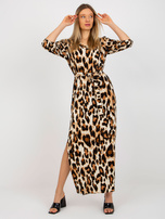 Beige-schwarzes Midi-Kleid mit Leopardenmuster und Bindung.