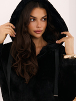 Black fur jacket with a hood.