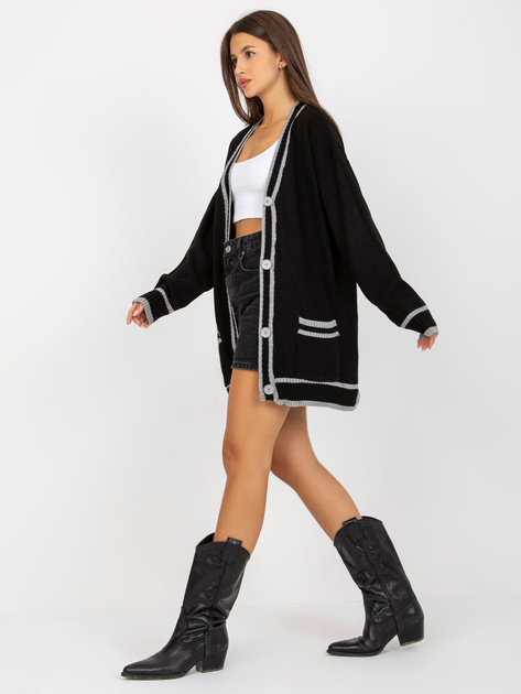 Hurt Czarny dłuższy sweter rozpinany z kieszeniami RUE PARIS