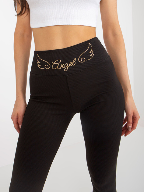Hurt Czarne prążkowane legginsy z haftem RUE PARIS