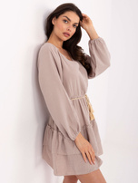 Dark beige muslin dress with a frill.
