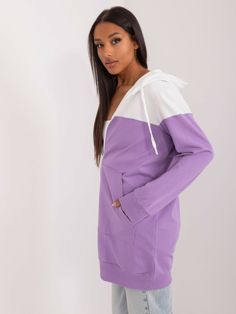 Hurt Ecru-fioletowa długa bluza basic z kapturem