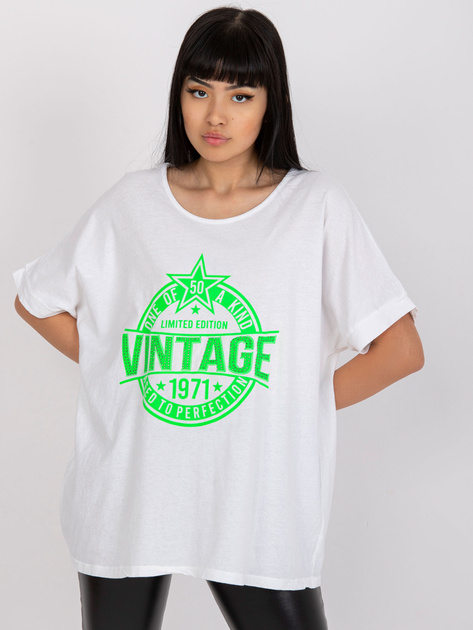 Biało-zielony t-shirt z aplikacją i okrągłym dekoltem