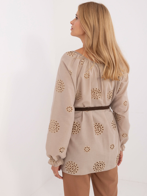Ciemnobeżowa ażurowa bluzka damska z wiązaniem