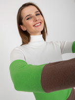 Hurtownia Ecru-jasnozielona prążkowana bluzka basic z golfem