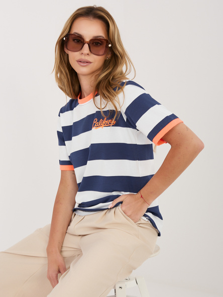 Fluo pomarańczowo-granatowy bawełniany t-shirt w paski