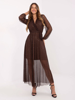 Brown maxi evening dress with appliqués.