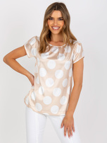 Beżowo-biała bluzka w grochy z imitacji satyny RUE PARIS 