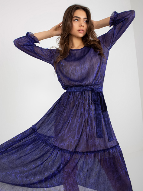 Hurt Granatowa sukienka koktajlowa z szeroką falbaną