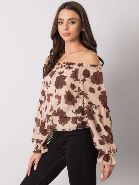 Beżowo-brązowa bluzka hiszpanka w kwiaty Orlean