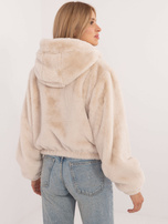 Light beige short fur jacket with pockets.