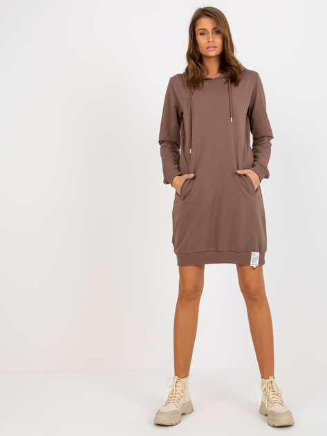 Hurtownia Brązowa dresowa sukienka basic z kapturem