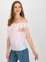 Hurtownia Jasnoróżowa bluzka hiszpanka z frędzlami