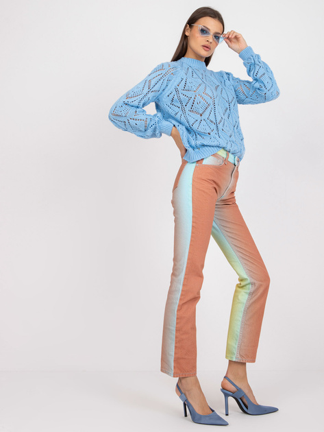 Niebieski ażurowy sweter klasyczny z długim rękawem RUE PARIS
