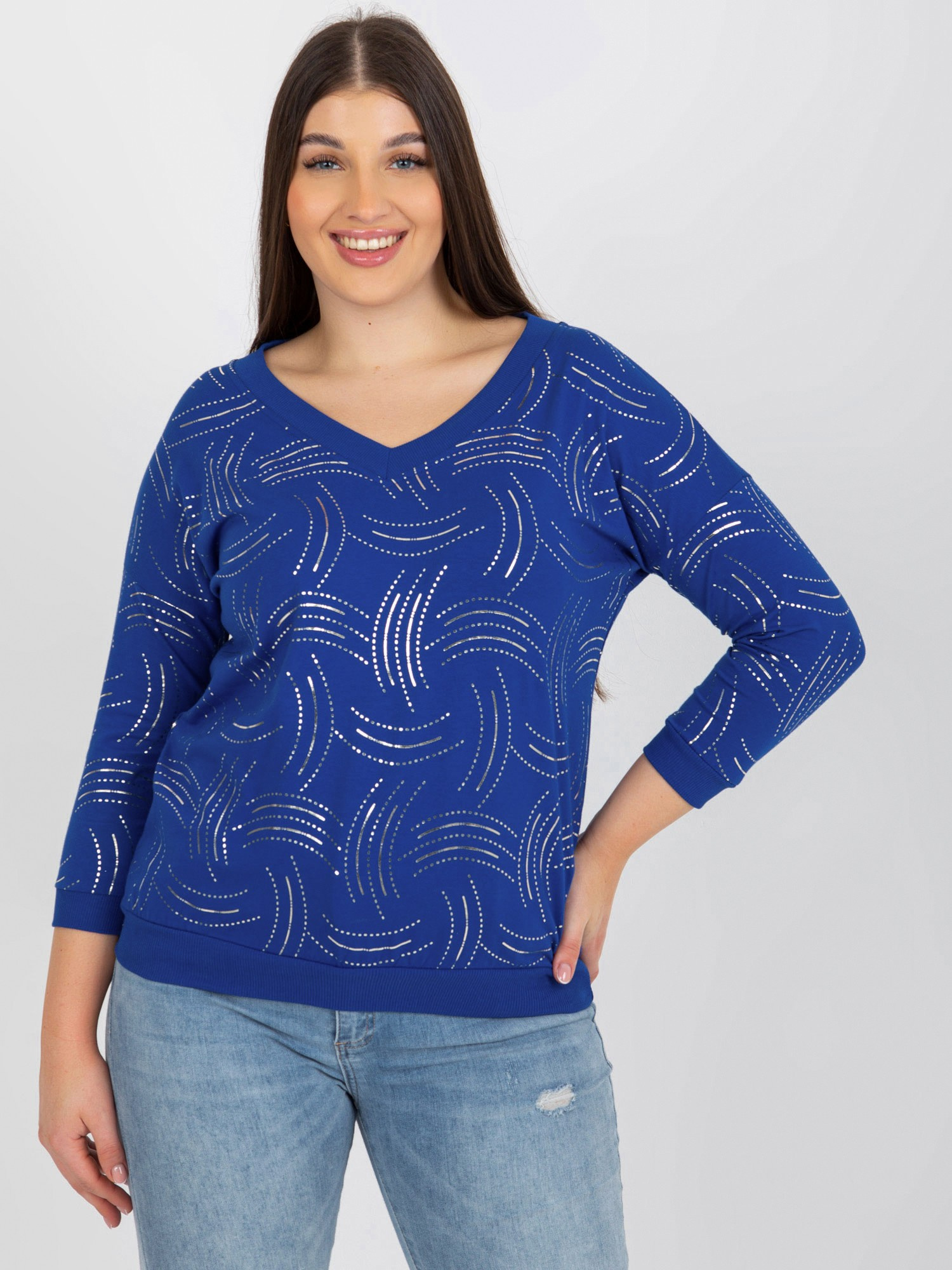 Ciemnoniebieska damska bluzka plus size z nadrukiem