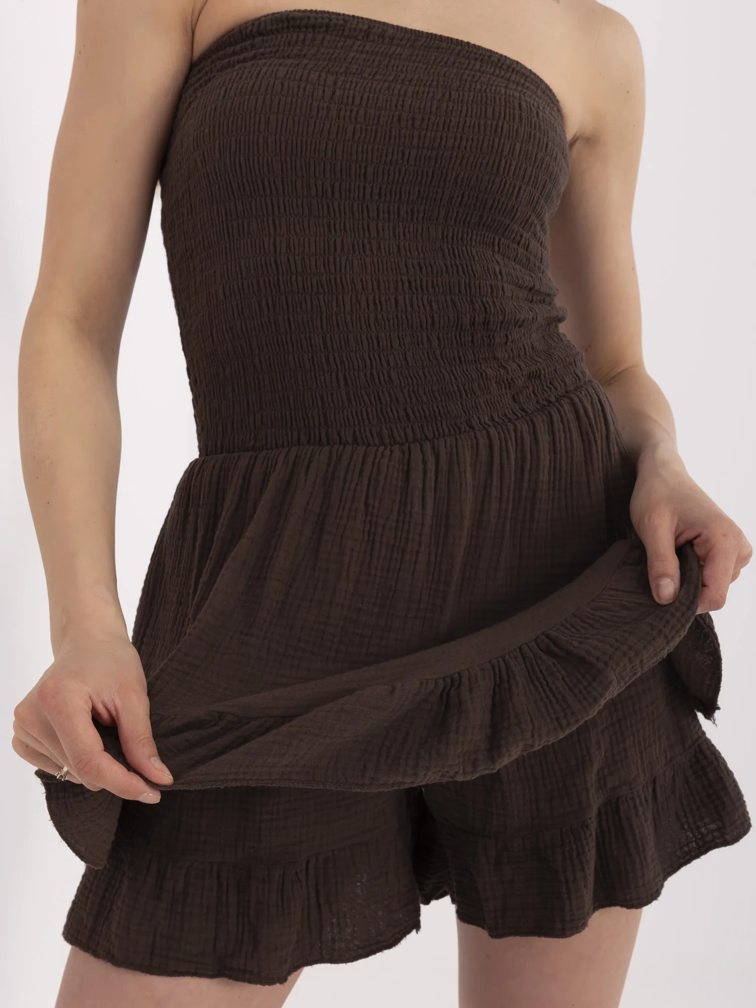 Brown muslin women's jumpsuit with shorts.