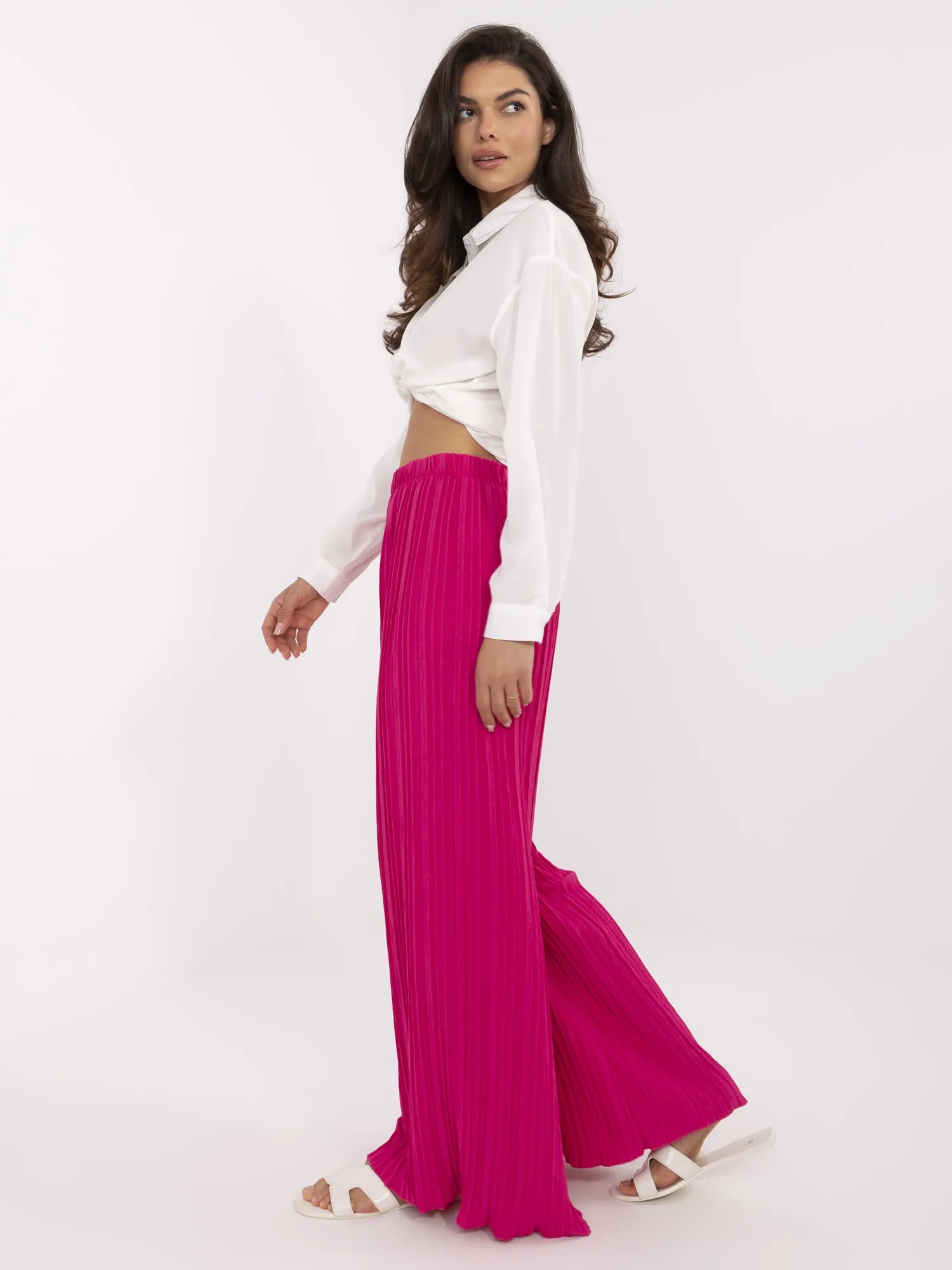 Fuchsia structural pants with an elastic waistband.