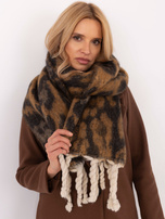 Hurt Camelowo-czarny długi szal damski z frędzlami