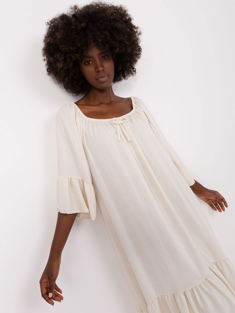 Hurt Jasnobeżowa sukienka z falbaną i rękawem 3/4