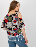 Hurt schwarze Bluse mit Druck und Bindung am Ausschnitt.