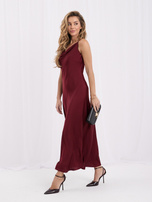 Burgundy cocktail dress with a draped neckline.
