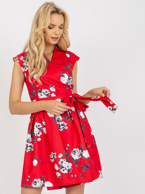 Hurt Czerwona rozkloszowana sukienka koktajlowa w kwiaty
