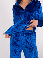 Hurt Cobalt velvet set with a button-up shirt.