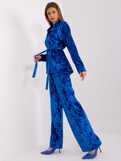 Hurt Kobaltowy komplet z weluru z rozpinaną koszulą