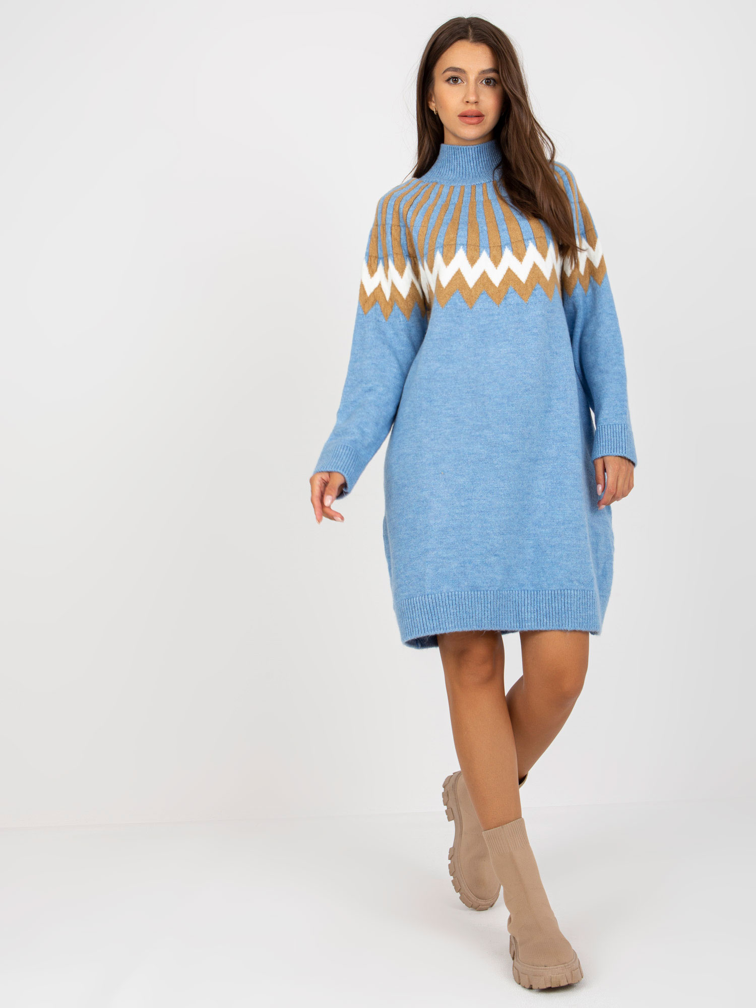 Großhandel Blaues Kleid aus Strick mit langen Ärmeln RUE PARIS.
