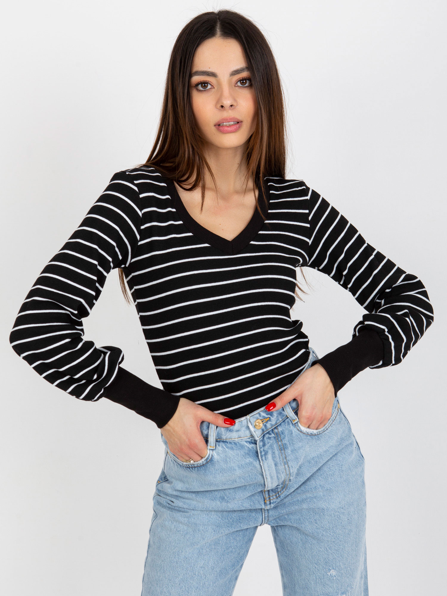 Czarno-biała dopasowana bluzka w prążek BASIC FEEL GOOD