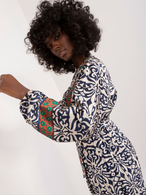 Hurt Granatowo-beżowa długa sukienka we wzory