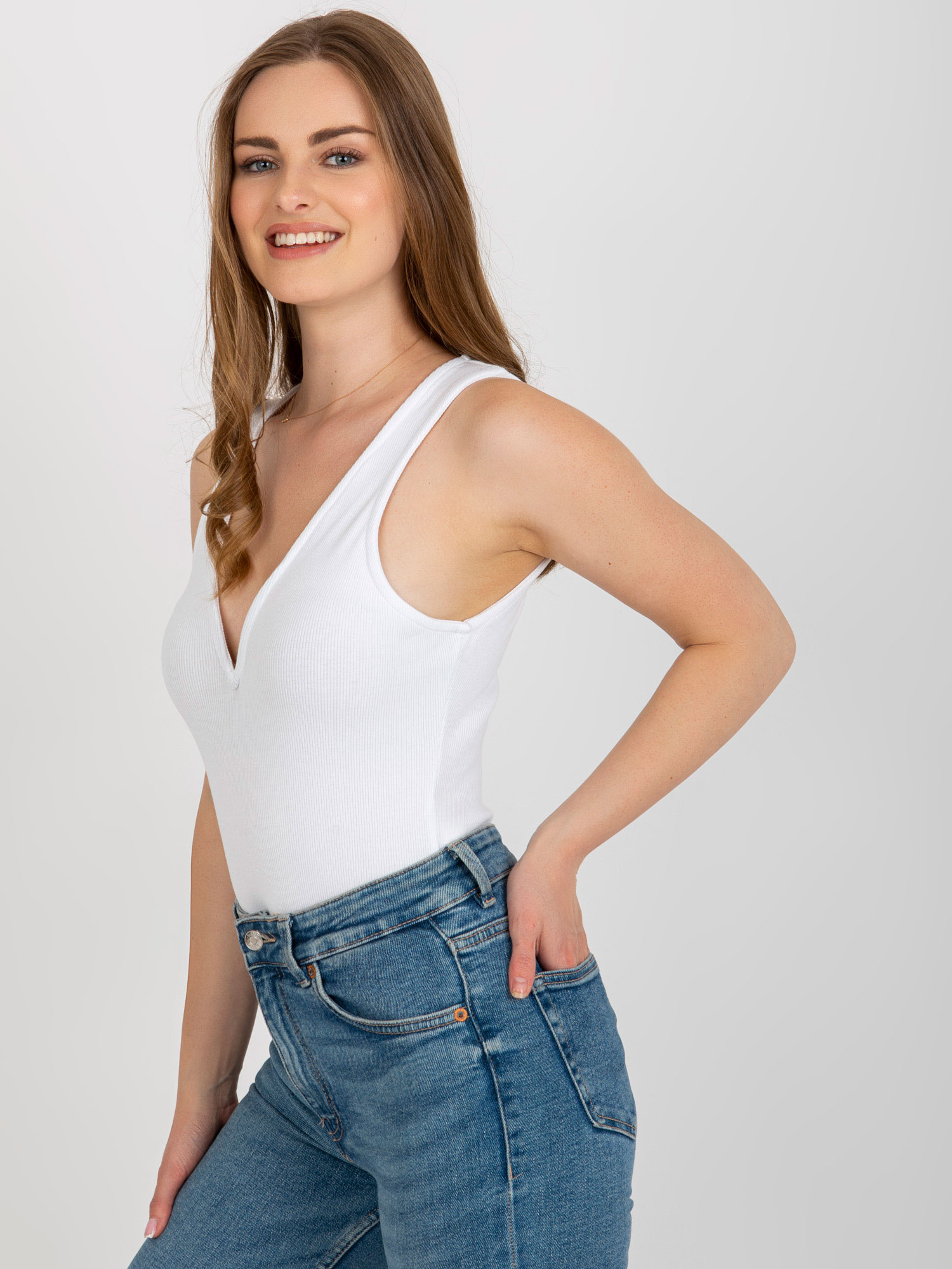 Wholesale White Striped Basic Body with V-neck