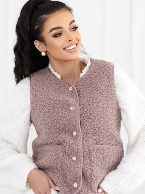 Ciemnobeżowa kamizelka teddy z guzikami