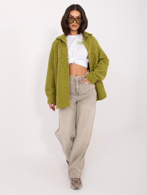 Oliwkowa koszulowa kurtka z dzianiny boucle RUE PARIS