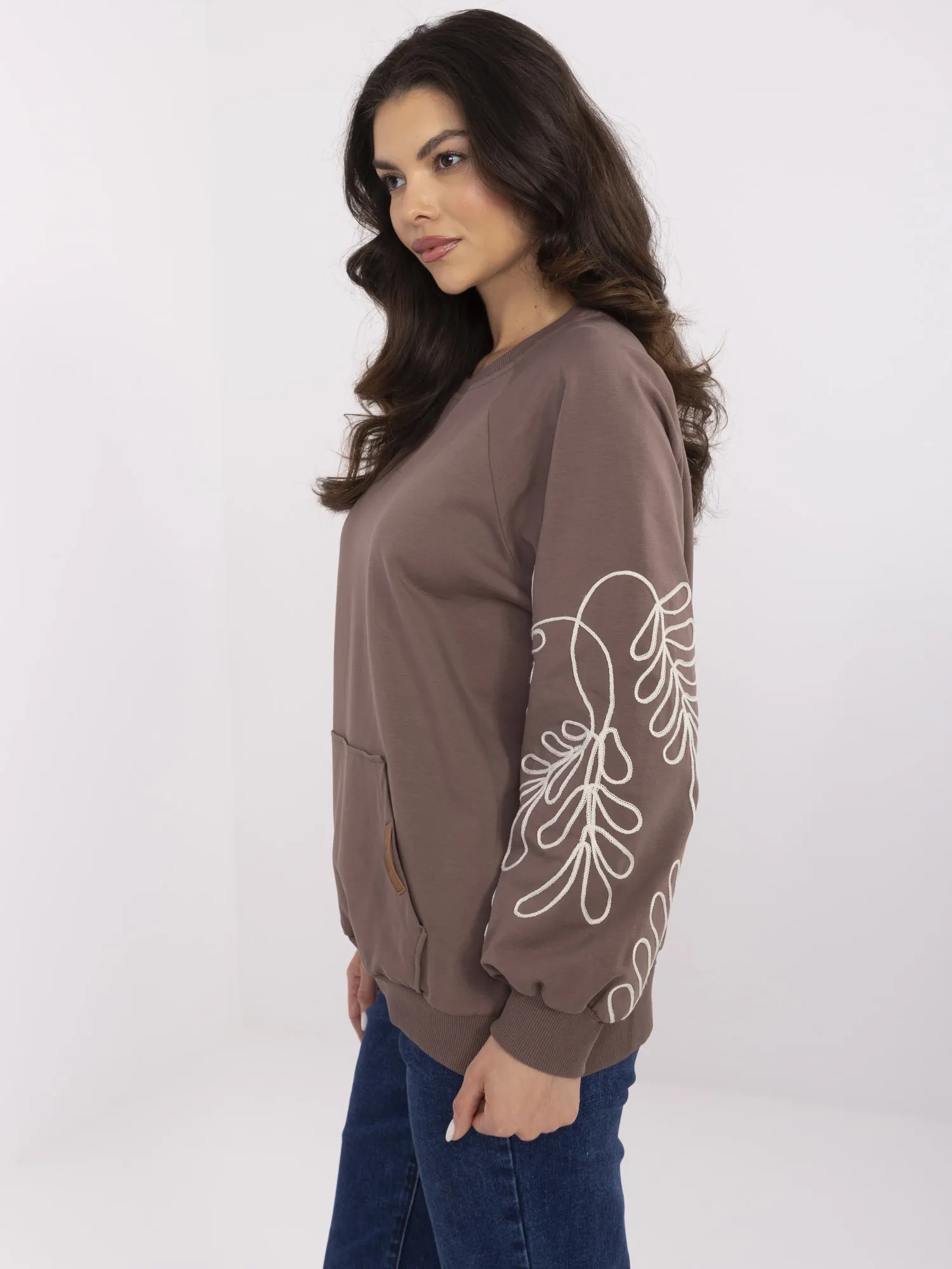 Brown-beige kangaroo hoodie with embroidery.
