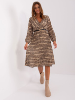 Beige-schwarzes, ausgestelltes Kleid mit Print.