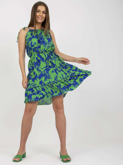 Zielono-niebieska mini sukienka z falbaną i printami RUE PARIS