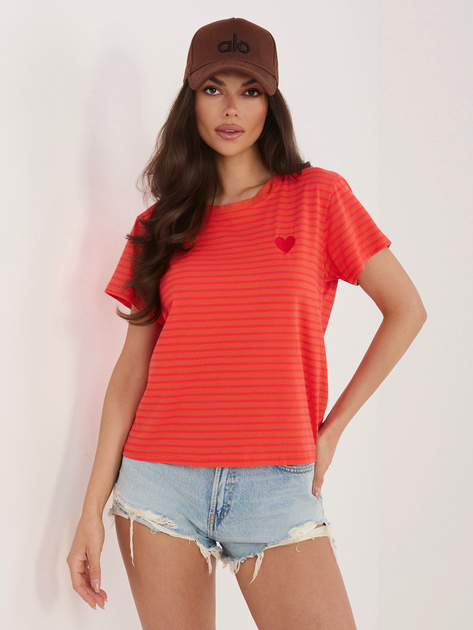 Fluo różowo-pomarańczowy damski t-shirt w paski