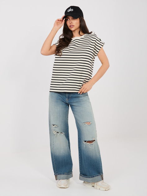 Jasnobeżowy damski t-shirt oversize w paski SUBLEVEL