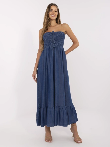 Ciemnoniebieska sukienka bandeau z falbaną 