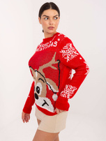 Czerwony świąteczny sweter z okrągłym dekoltem