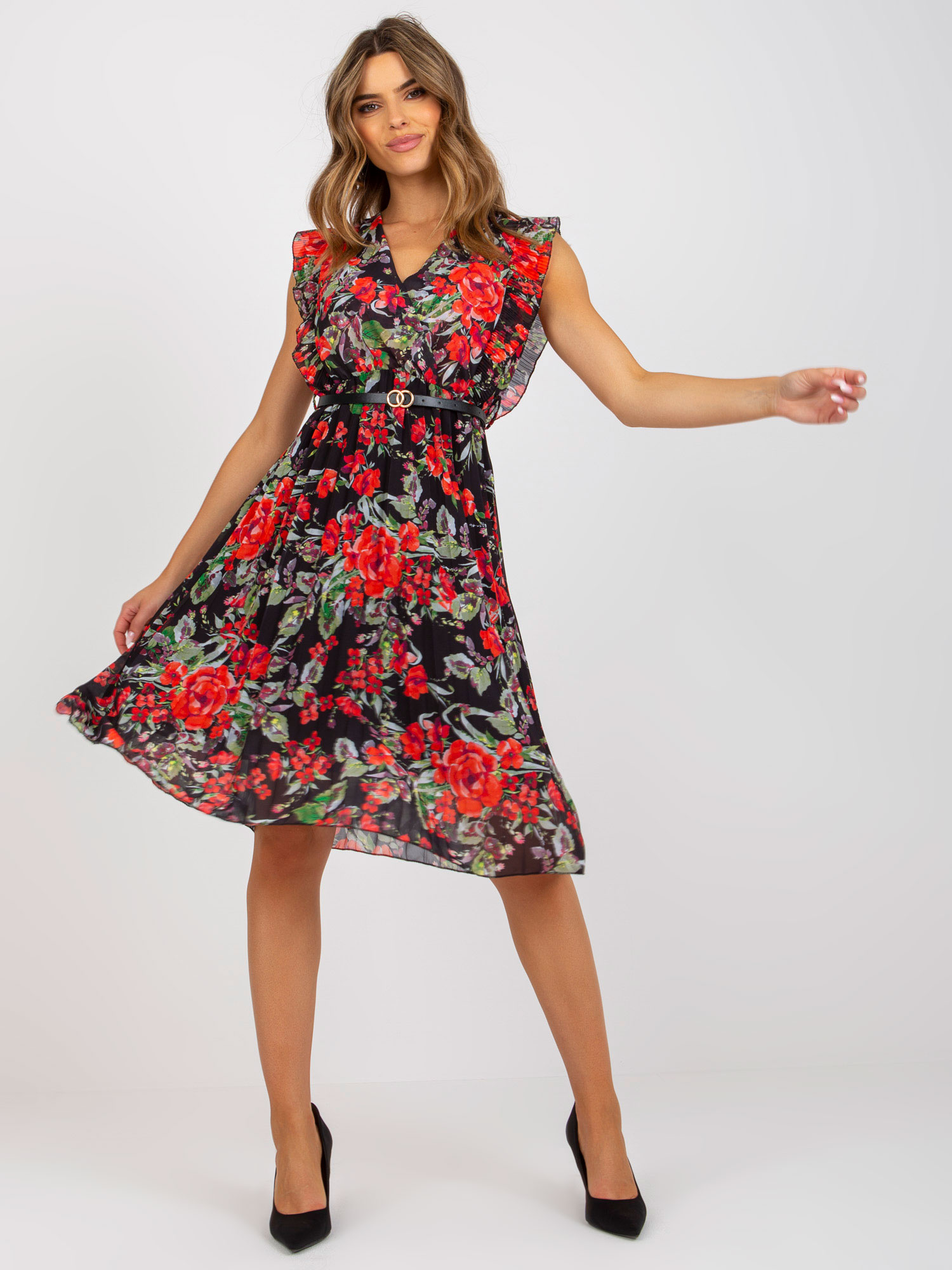 Black and red floral pleated midi dress