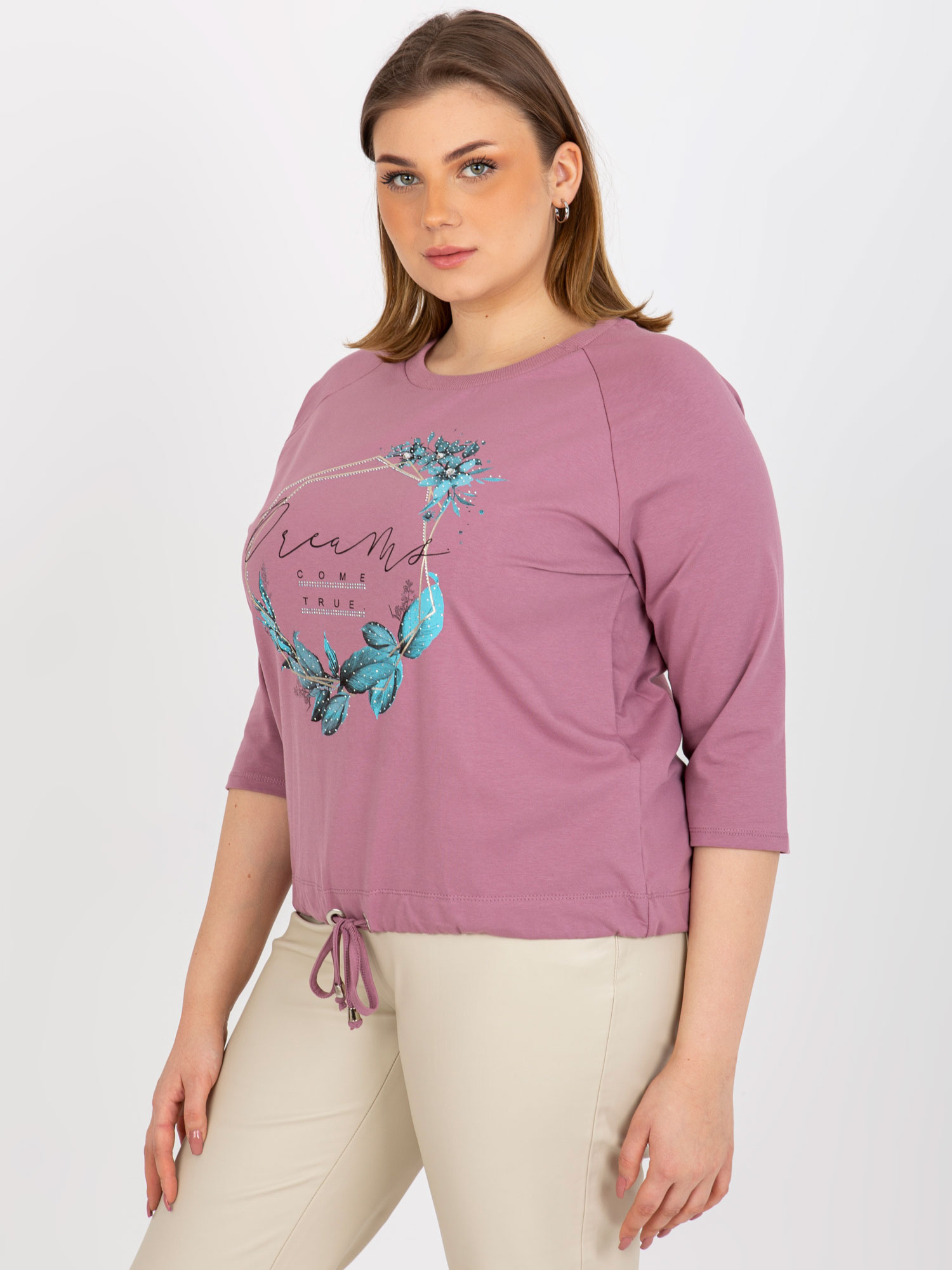 Brudnoróżowa bluzka plus size z aplikacją z dżetów