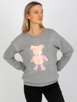 Großhandel Grauer Damenpullover klassisch mit 3D-Applikation.