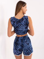 Dark blue heart-patterned shorts.