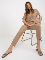 Hurt Ciemnobeżowy damski komplet letni z lnem RUE PARIS