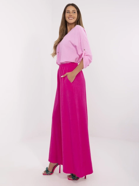 Fuksjowe muślinowe spodnie damskie z kieszeniami