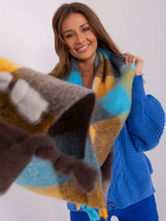 Hurt Niebiesko-brązowy zimowy szal z frędzlami